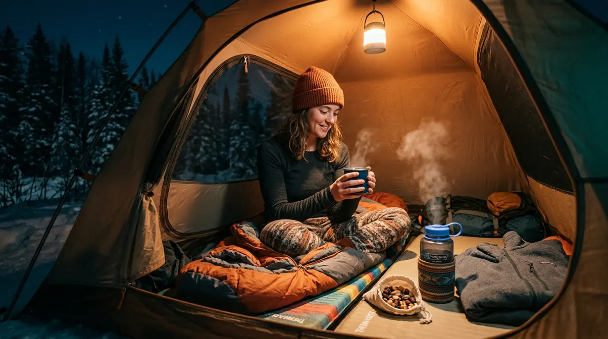 Camper inside tent at night with hot drink wool hat and Nalgene bottle following pre-bed warmth routine