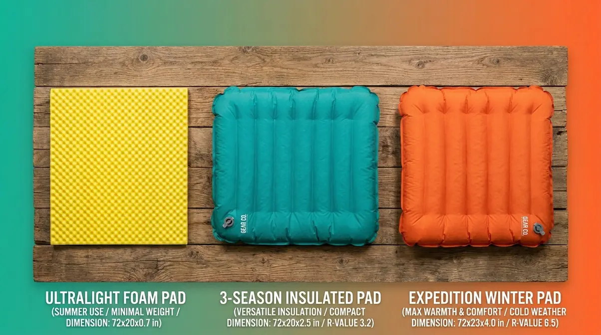 Three sleeping pads compared side by side showing R-value progression from ultralight summer to winter expedition