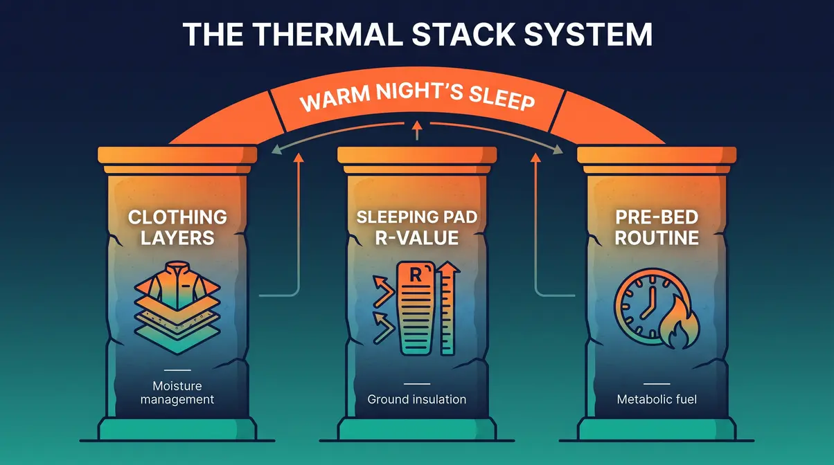 Thermal Stack System framework diagram showing three pillars of camping warmth clothing layers pad routine
