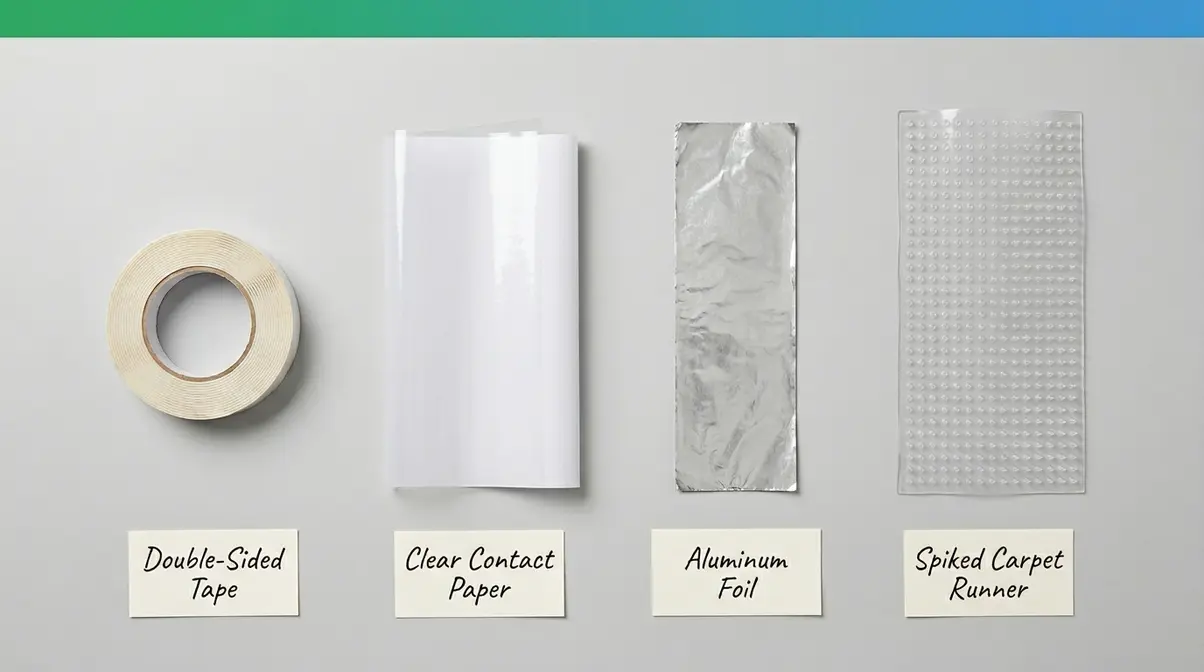 Four carpet deterrent options for stopping cat scratching — tape, contact paper, foil, and plastic runner