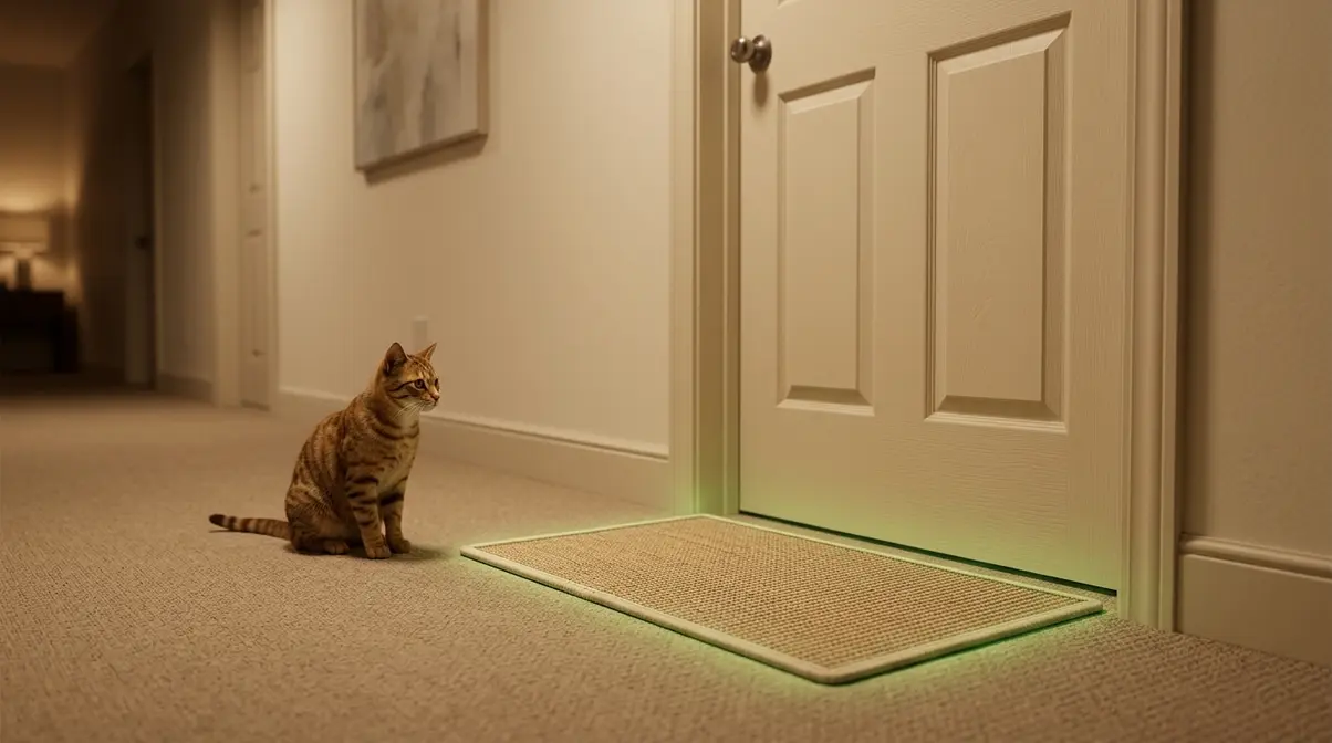 Horizontal sisal scratcher placed outside bedroom door to stop cat scratching carpet at night