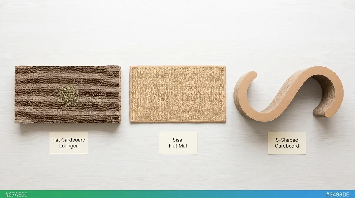 Three types of horizontal cat scratchers — cardboard lounger, sisal mat, and S-shaped scratcher compared