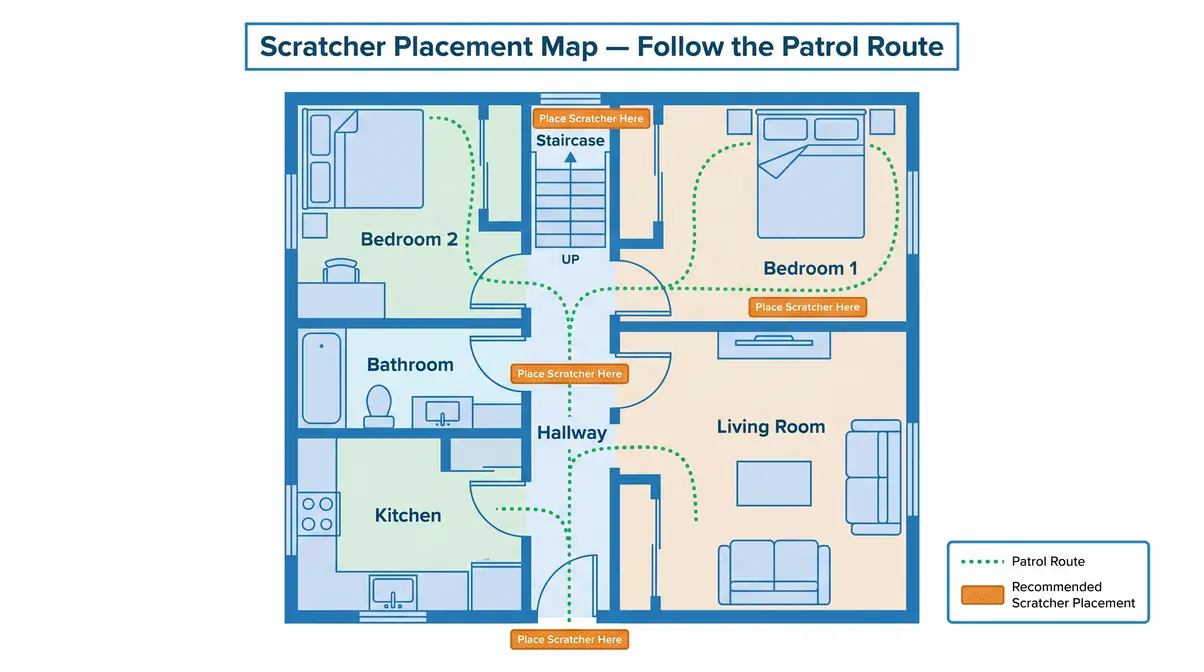 Where to place horizontal scratchers to stop cat scratching carpet — placement diagram