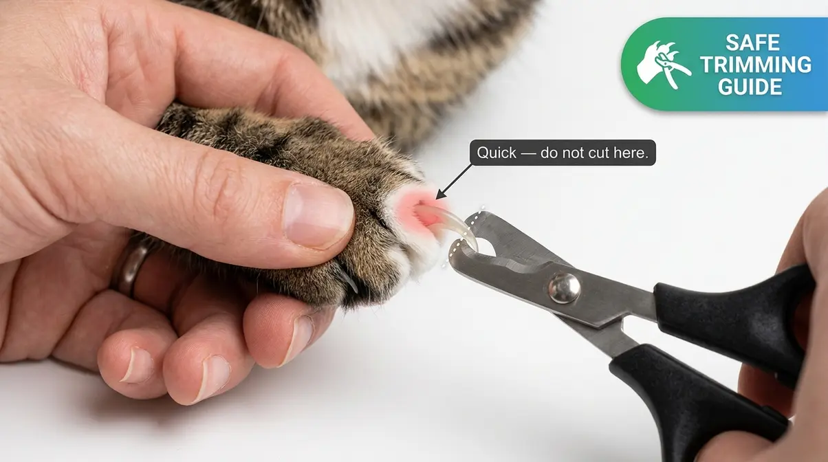 Close-up of cat claw being trimmed at correct angle showing the quick to avoid and safe cut zone