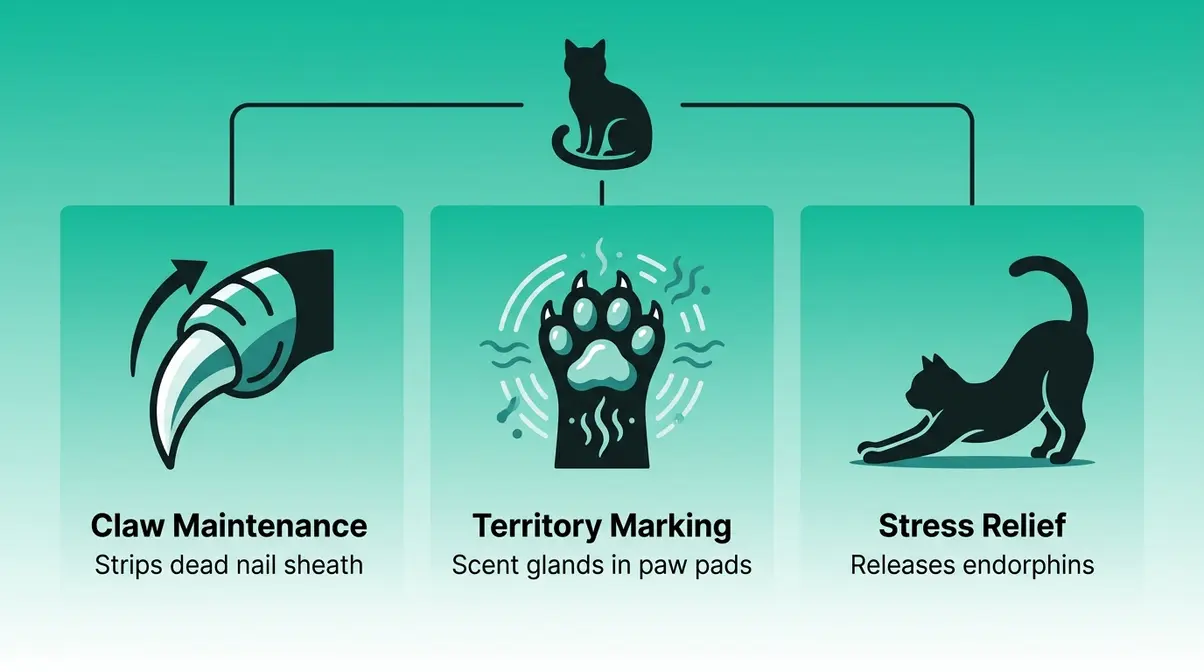 Diagram explaining the three reasons cats scratch furniture claw care territory marking and stress relief
