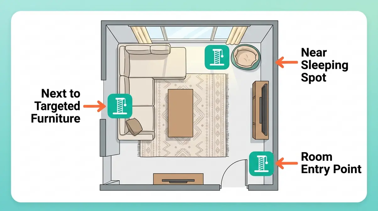 Floor plan diagram showing where to place cat scratching posts next to furniture and sleeping areas