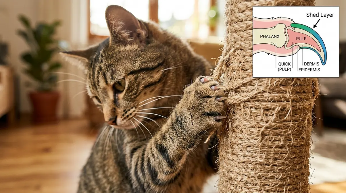 Close-up of cat claws hooked into sisal rope showing natural scratching behavior and claw conditioning