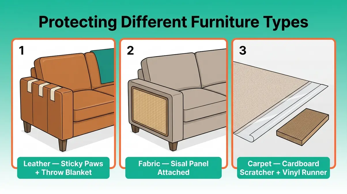 Three-panel illustration showing how to stop cat scratching leather fabric and carpet furniture types