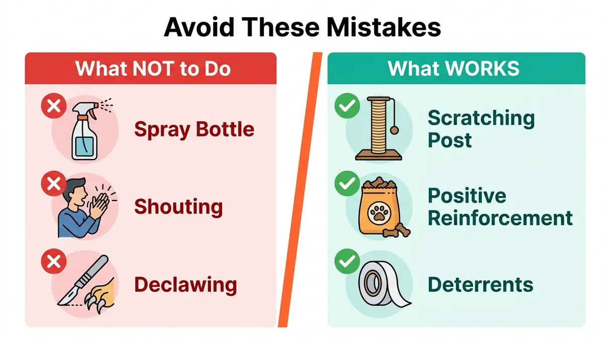 Comparison illustration of cat scratching furniture mistakes like spray bottles versus effective humane methods