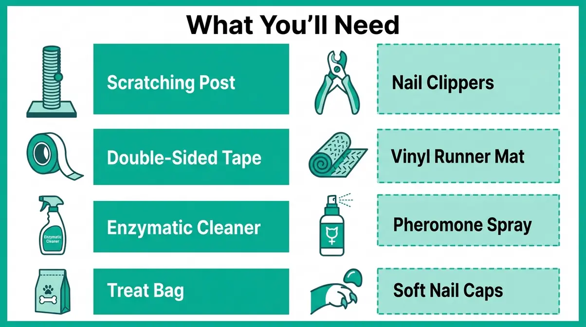 Illustrated checklist of supplies needed to stop cat scratching furniture including post tape and treats