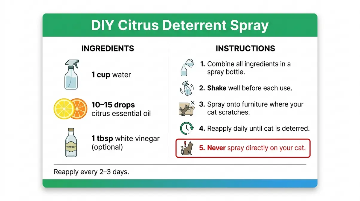 DIY citrus deterrent spray recipe card with ingredients and steps to stop cat scratching furniture