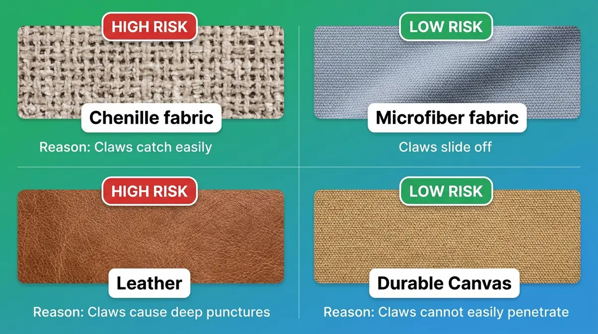 Fabric scratch risk comparison showing chenille and leather as high risk versus microfiber and canvas as low risk