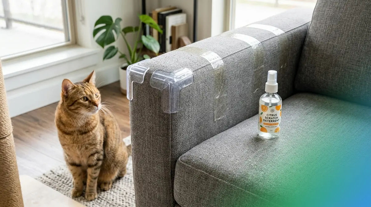 Sofa arm with sticky tape, citrus spray bottle, and clear corner guard deterrents applied to stop cat scratching