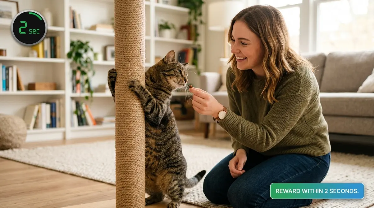 Person offering treat to cat within two seconds of it using a sisal scratching post during training
