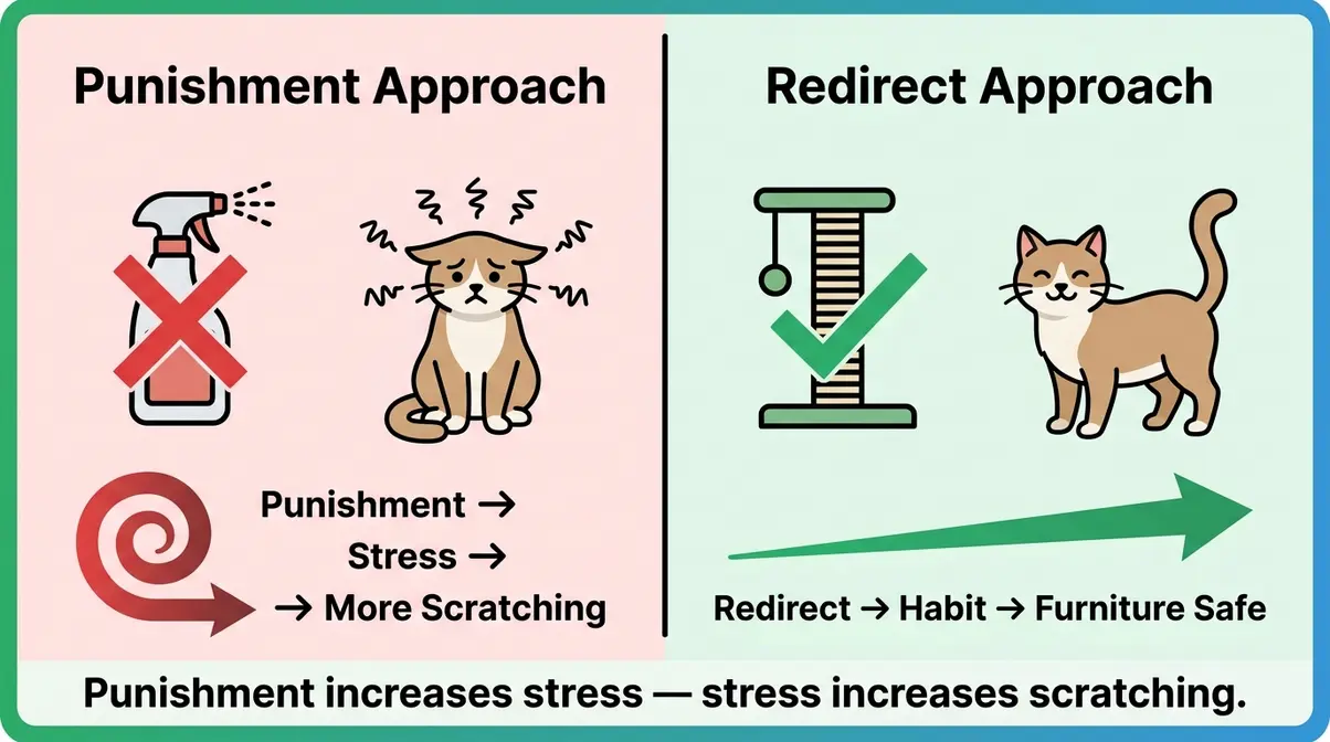 Split panel comparing punishment approach causing stress cycle versus redirect approach building positive habit