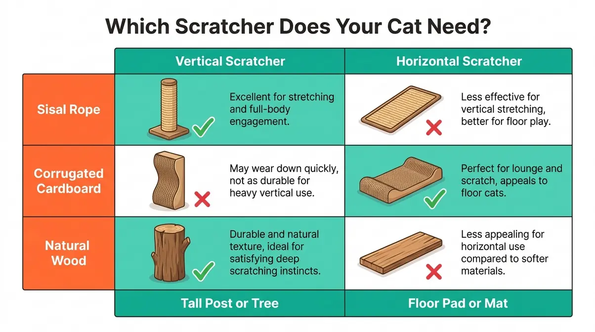 Scratcher preference matrix matching cat scratching style vertical or horizontal to best post material