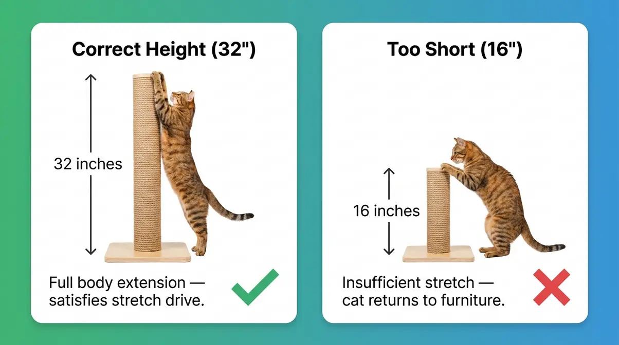 Scratching post height comparison showing correct 32-inch post versus too-short 16-inch post for cats