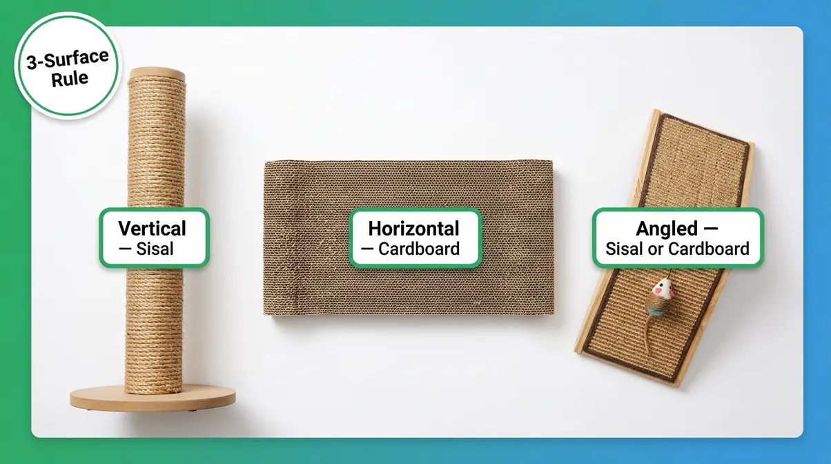 Three scratching surface types side by side: vertical sisal post, horizontal cardboard, and angled ramp scratcher