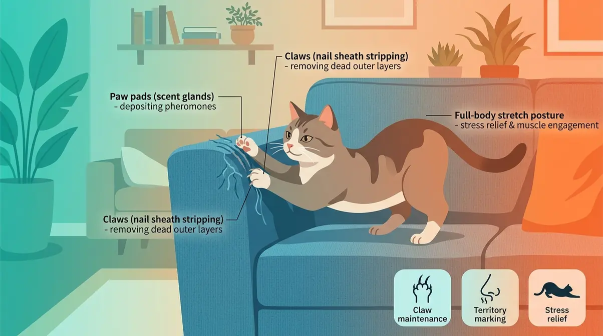 Illustrated cat scratching sofa showing three biological reasons including claw care and territory marking