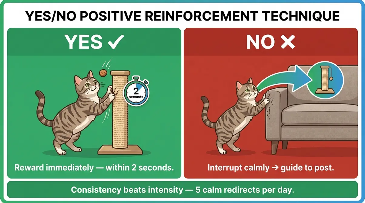 Yes/No positive reinforcement technique split panel showing cat using post versus being redirected from furniture