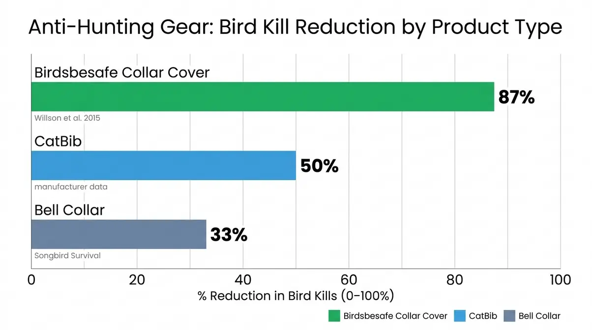 Cat anti-hunting gear comparison chart showing bird kill reduction percentages for Birdsbesafe, CatBib, and bell collars