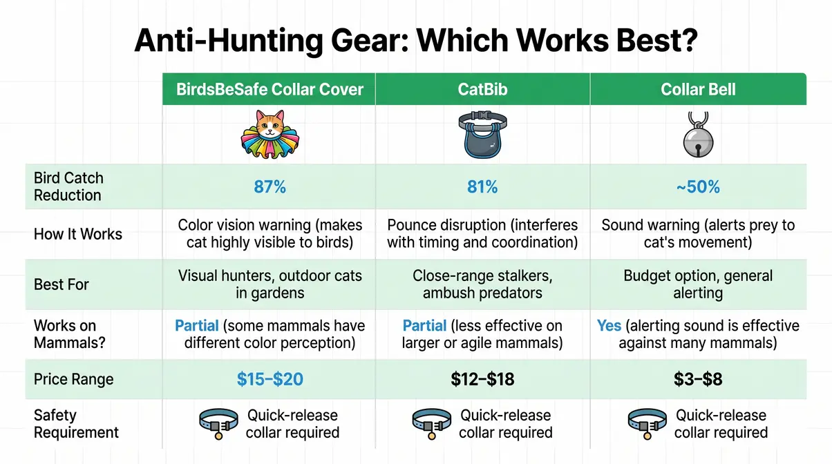 Comparison chart of anti-hunting gear to stop cats killing birds including BirdsBeSafe, CatBib, and collar bell effectiveness ratings