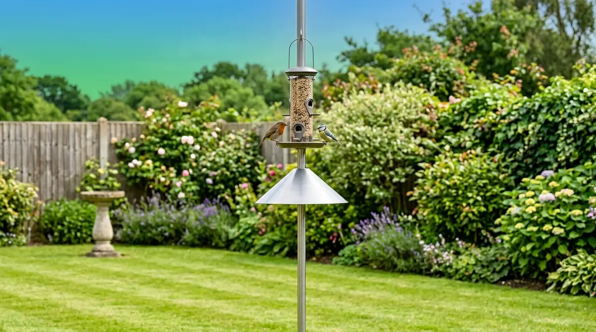 Bird feeder on smooth metal pole with baffle fitted, positioned safely away from fences and dense cover in garden