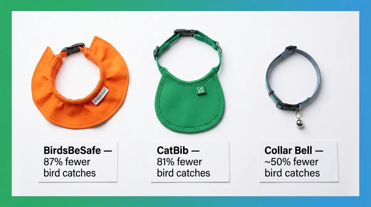 BirdsBeSafe collar cover, CatBib, and collar bell anti-hunting gear comparison for stopping cats killing birds
