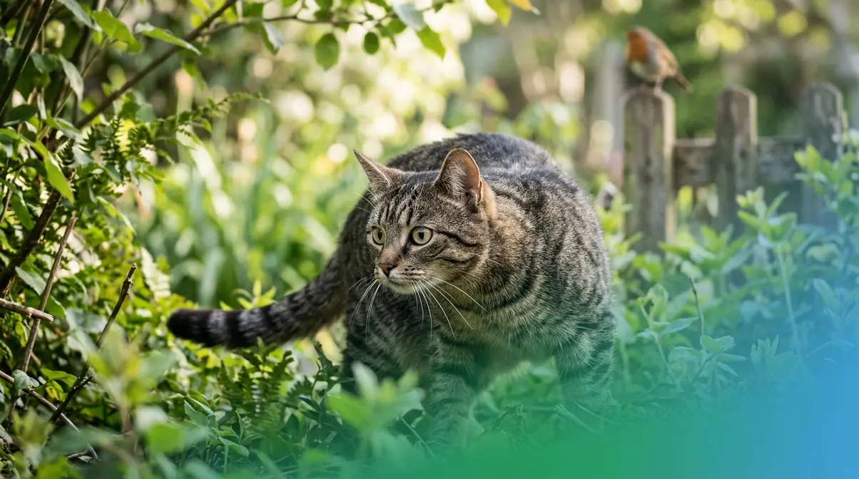 Tabby cat in stalking posture crouched in garden, eyes fixed on a robin perched on a fence