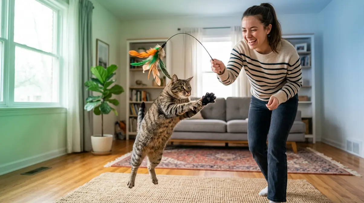 Person playing with cat using feather wand toy indoors to satisfy hunting drive and reduce bird kills