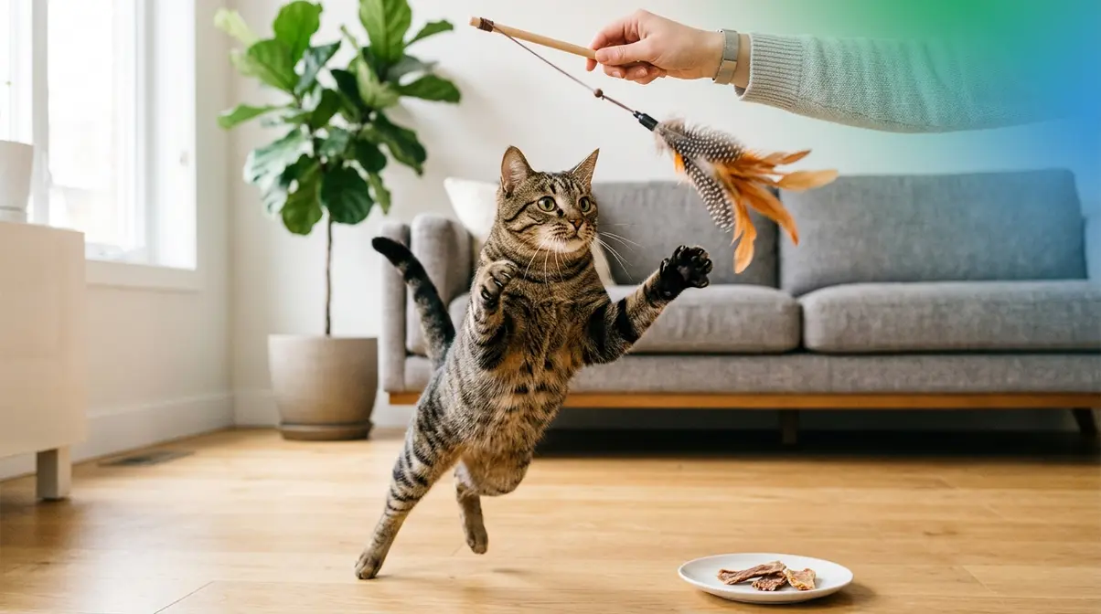 Cat leaping to catch feather wand toy during 5-minute interactive play session to reduce bird hunting