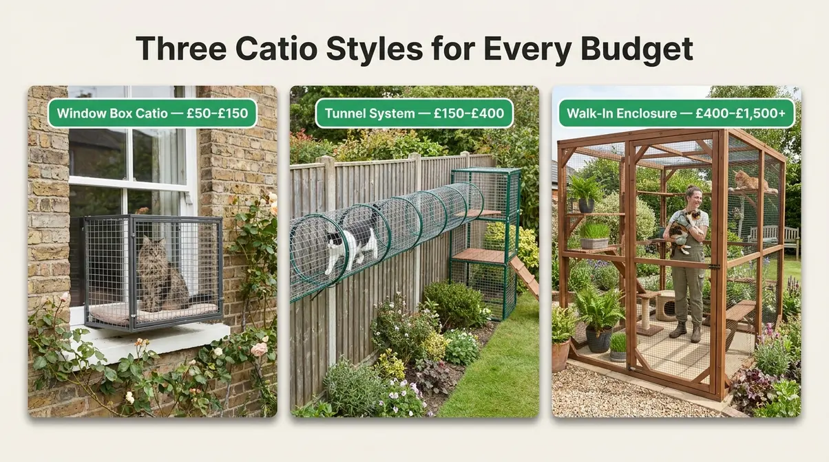 Three catio styles for outdoor cat enrichment without bird predation risk — window box, tunnel, and walk-in enclosure