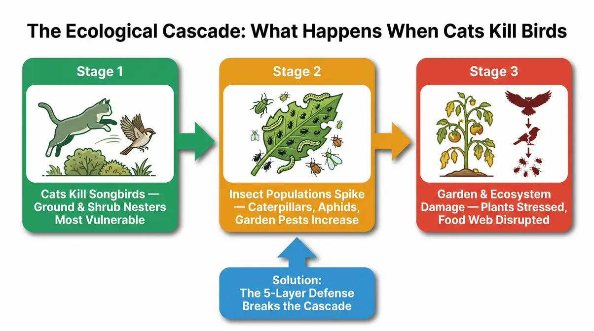 Diagram showing the ecological cascade effect when cats kill birds, from songbird decline to insect spikes to garden ecosystem damage