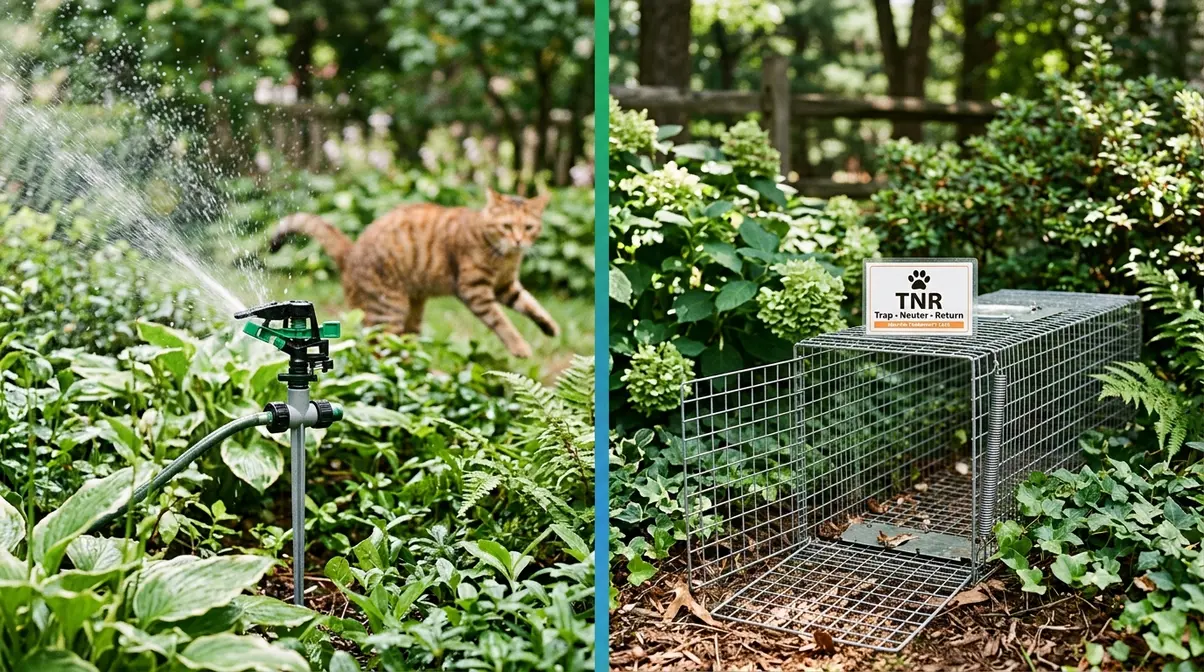 Motion-activated sprinkler deterrent and humane TNR trap for managing feral cats killing birds in garden