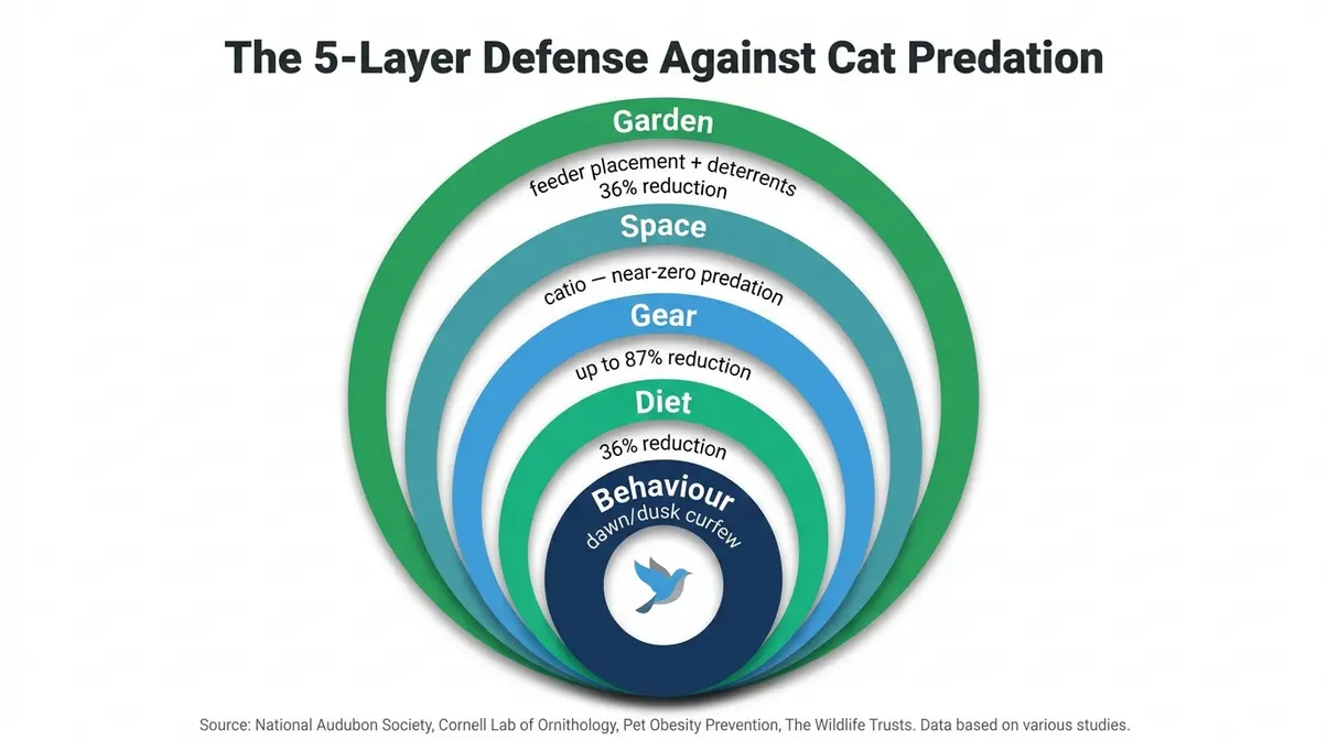 How to stop cats killing birds — the 5-Layer Defense framework infographic showing five concentric strategy rings