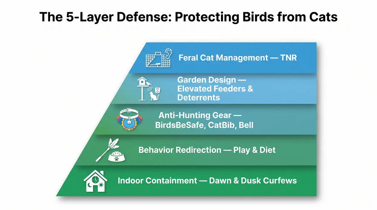 Infographic showing the 5-layer defense pyramid to stop cats killing birds, from indoor containment at base to feral cat TNR at top