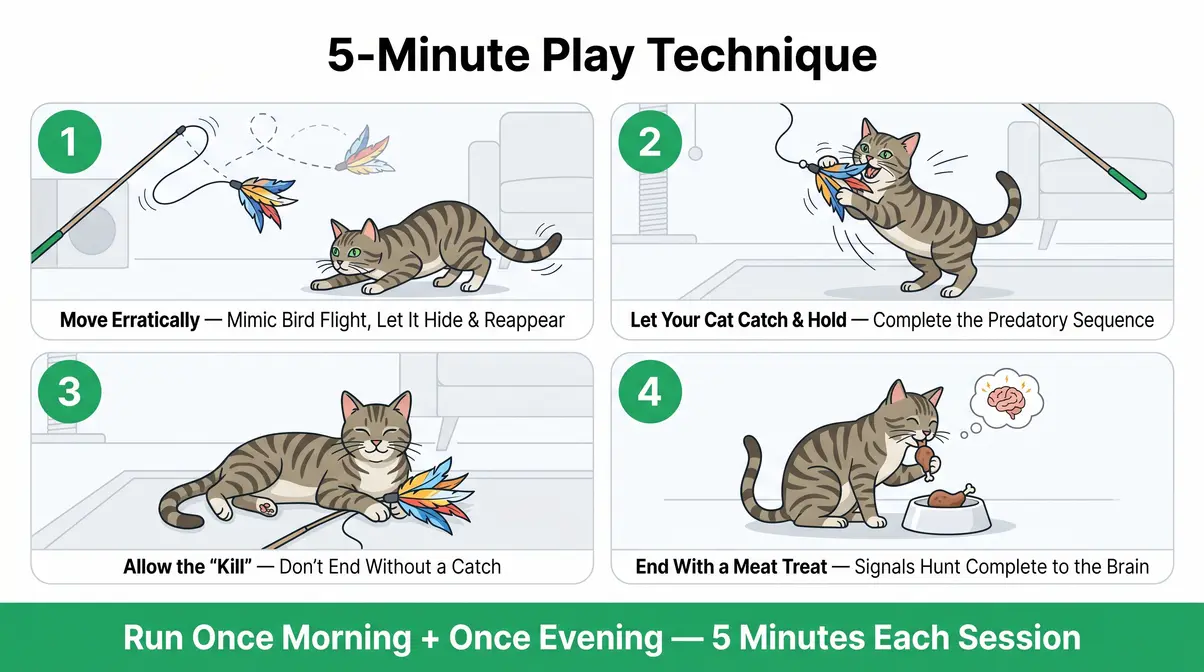 Step-by-step visual guide showing the 5-minute play technique using a wand toy to stop cats killing birds