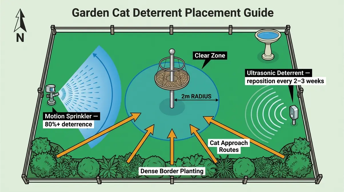 Garden cat deterrent placement diagram showing motion sprinkler and ultrasonic device positioning near bird feeder
