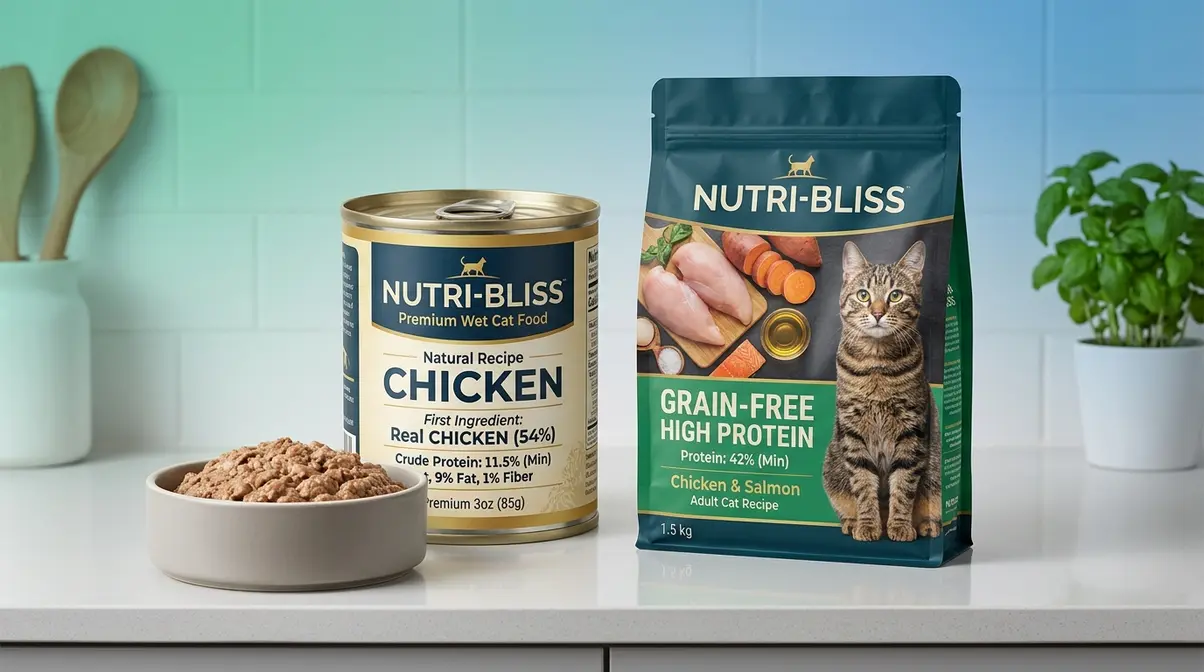 High-protein grain-free cat food tin and bag showing named meat as first ingredient to reduce hunting drive