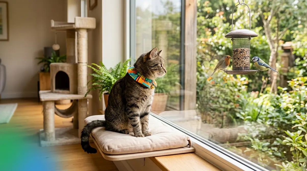 Indoor cat on window perch wearing BirdsBeSafe collar watching birds feed safely outside