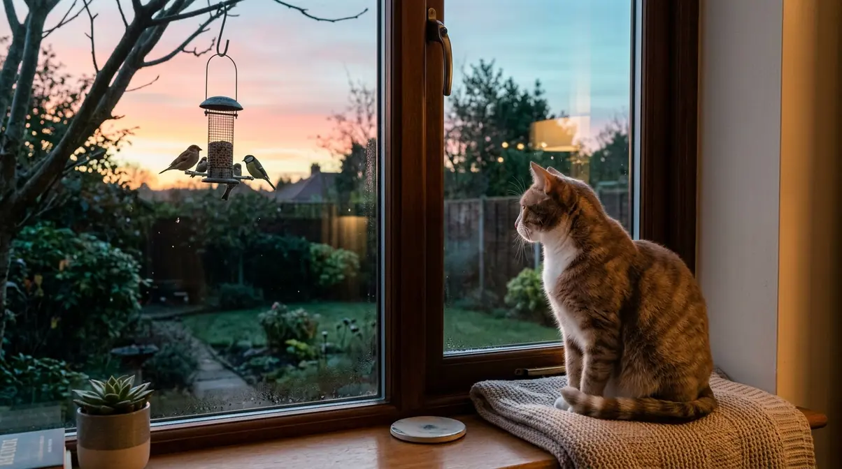 Cat sitting at closed cat flap at dawn while birds feed safely in the garden outside