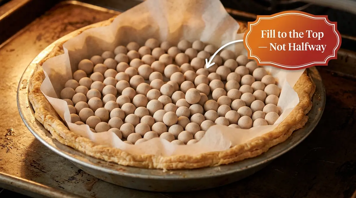How To Stop Pie Crust From Shrinking: 7 Proven Steps 5 Blind baking setup with parchment paper and ceramic pie weights filling pie crust walls to the top to prevent shrinking