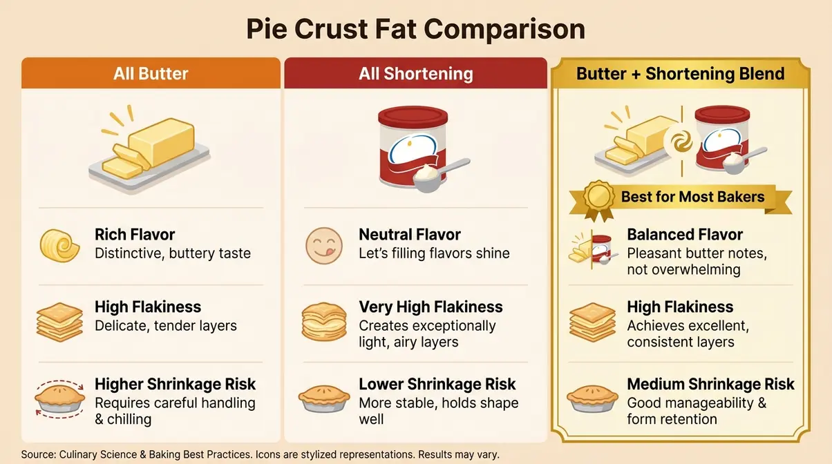 How To Stop Pie Crust From Shrinking: 7 Proven Steps 2 Side-by-side infographic comparing all-butter, all-shortening, and blend pie crusts for shrinkage, flakiness, and flavor