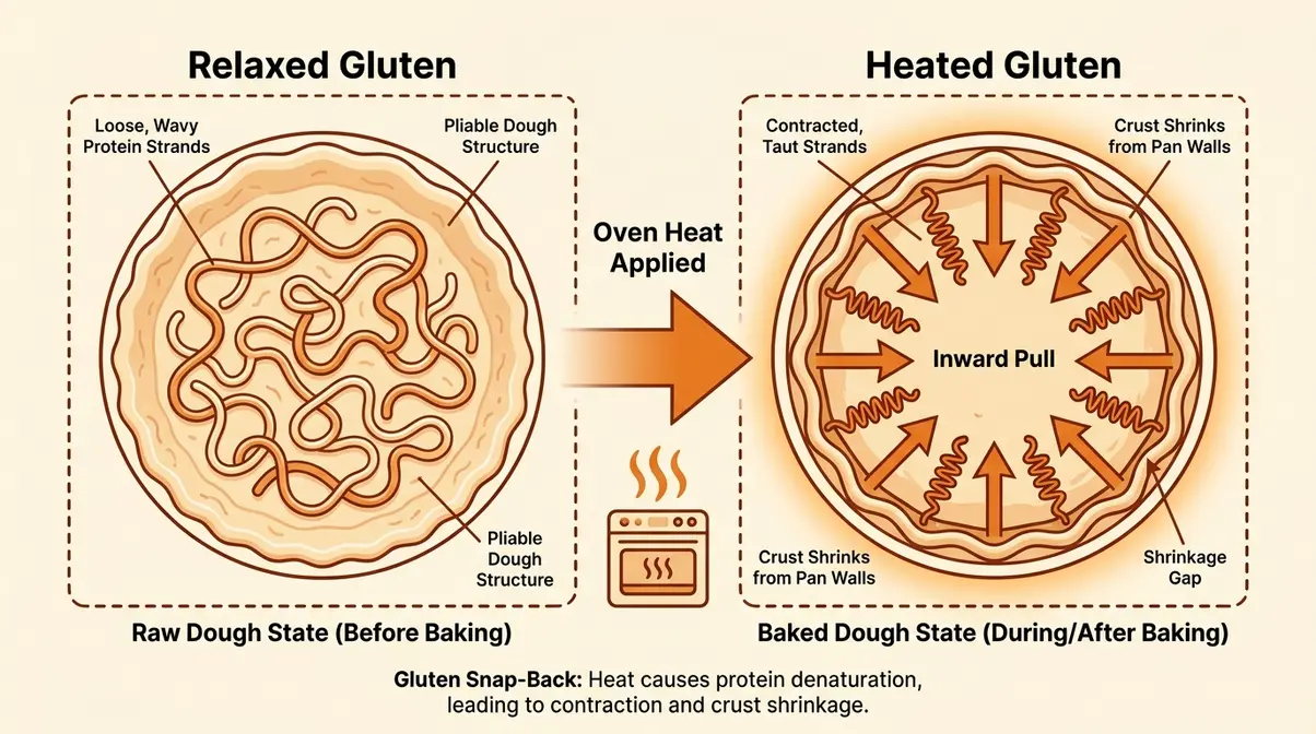 How To Stop Pie Crust From Shrinking: 7 Proven Steps 1 Diagram showing gluten strands contracting in pie crust when heated, causing shrinkage from pan walls