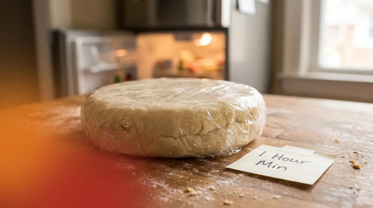 How To Stop Pie Crust From Shrinking: 7 Proven Steps 3 Flat pie dough disc wrapped in plastic wrap on counter ready for refrigerator chilling to prevent shrinkage