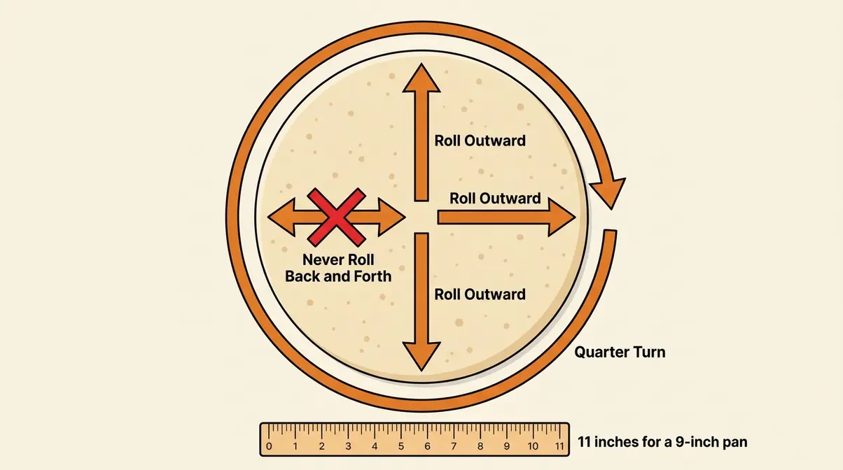 How To Stop Pie Crust From Shrinking: 7 Proven Steps 4 Diagram showing rolling pin technique rolling pie dough from center outward with quarter turns to prevent stretching