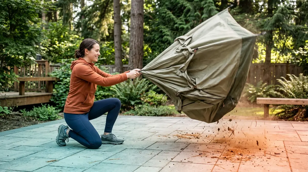 Camper shaking dirt and debris from a tent before cleaning and storage