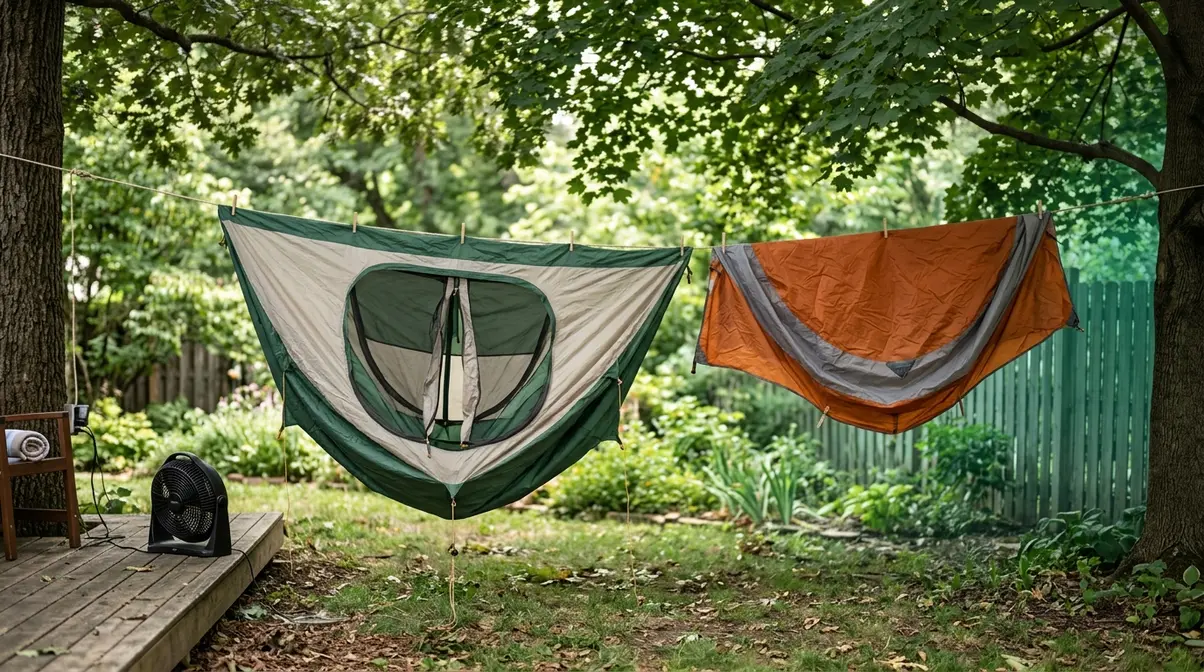 Tent body and rain fly hanging separately on clothesline in shade to dry completely before storage