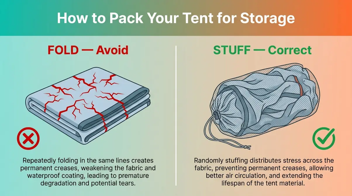 Side-by-side diagram comparing tent folding with crease lines versus loosely stuffing tent in mesh bag