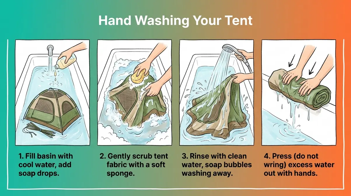 Step-by-step diagram showing how to hand wash a tent with soft sponge and non-detergent soap